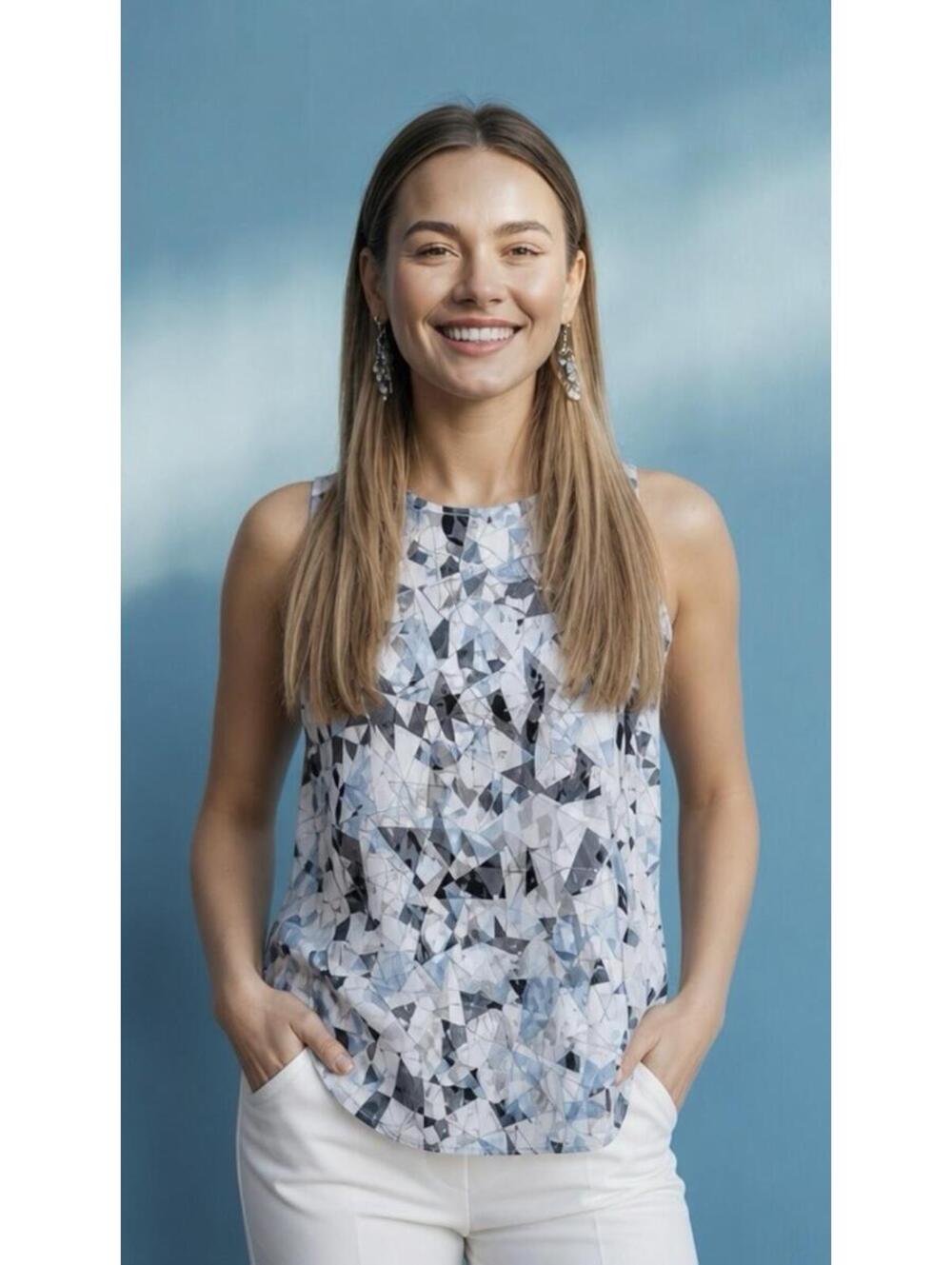 VINCE CAMUTO Broken Prism Sleeveless Printed Hi-Lo Blouse In Echo Blue-Medium